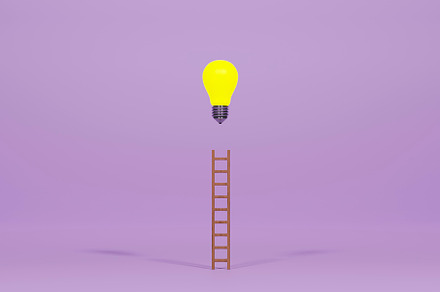 Mock up of yellow ladder with light bulb on pink background. 3D rendering., a School & Education Photo by RF Images