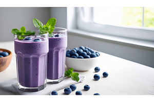 Two purple blueberry smoothies with, a Food & Drink Photo by Igor Tichonow