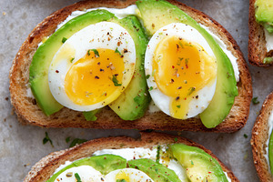 Top view of avocado toast with eggs, a Food & Drink Photo by MistyDay