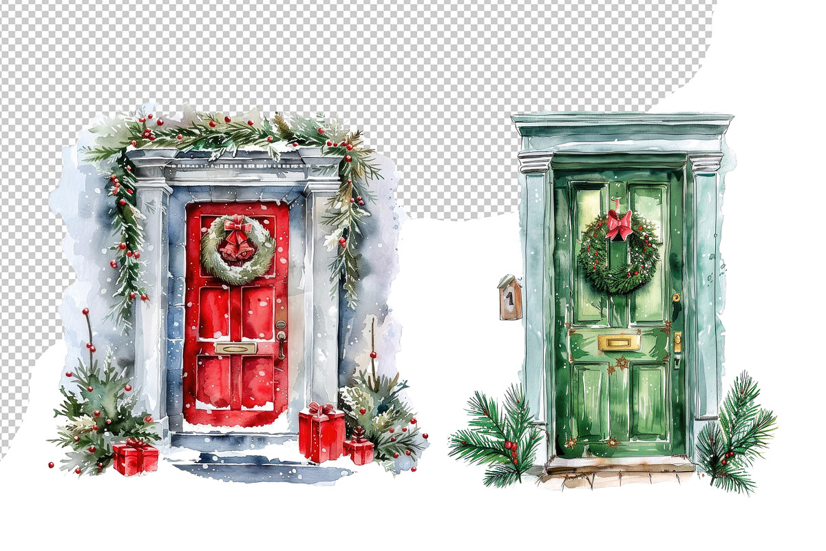 Watercolor Christmas doors PNG, a Seasonal Illustration by dashtik (Photo 7 of 7)