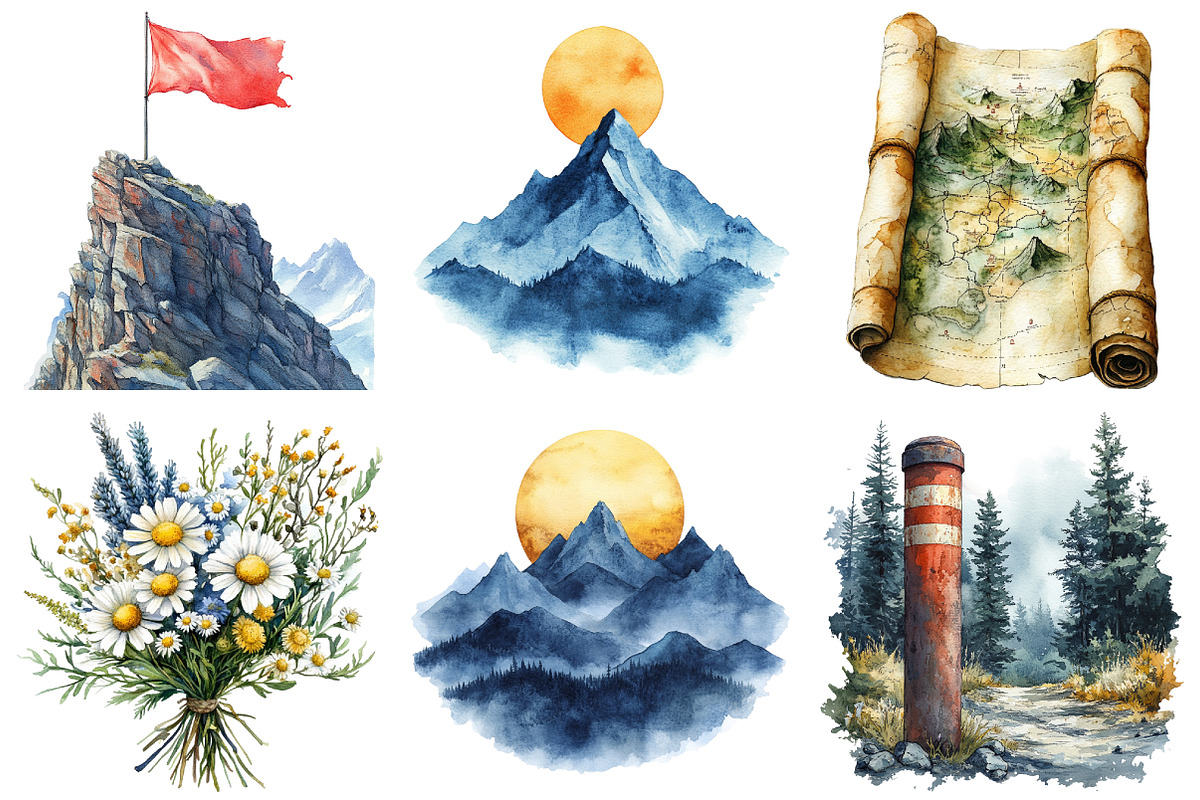 Watercolor Summer Mountain Clipart, an Illustration by Craft Nest (Photo 3 of 6)