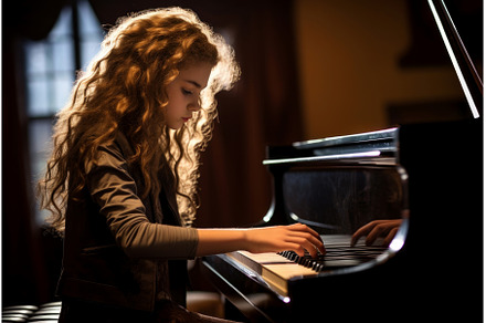 Dedicated Girl plays piano in light, a School & Education Photo by Ylivdesign