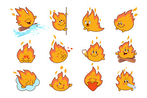 Cute fire characters. Sticker flames, an Illustration by Valerie Bodnar