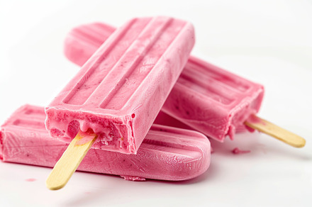 Pink ice cream popsicles on white background, a Food & Drink Photo by AlyaAnd