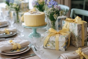Dining table set for a special celebration, featuring a yellow c, a Photo by Studio ANNA