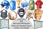 Watercolor Baseball Clipart, a Seasonal Illustration by CitraGraphics (Thumbnail 1 of 4)