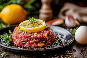 Beef tartar garnished with fresh, a Photo by Pavel_design