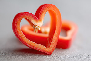 Heart-shaped slice of bell pepper displaying vibrant red color on a neutral bac, a Food & Drink Photo by AlyaAnd