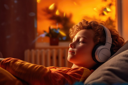 Adolescent boy listening to music with fun headphones in his roo, a Person Photo by designvectx