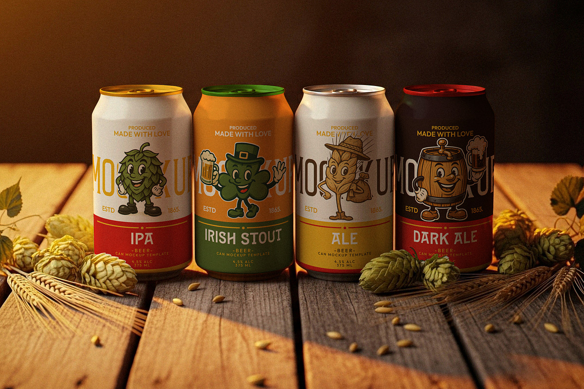 Small Beer Can Set Mockup, a Cups & Container Mockup by Designer Dude