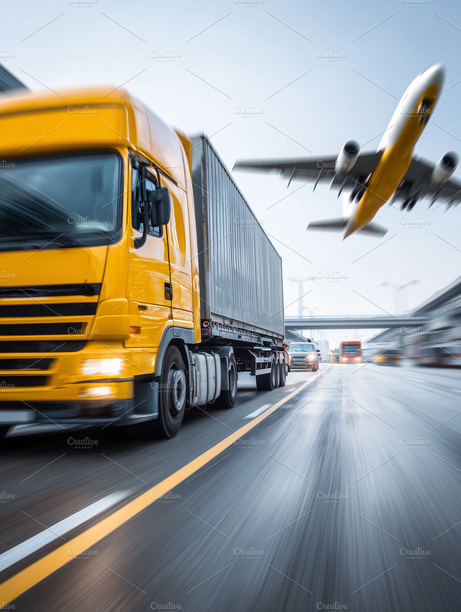 Fast yellow cargo truck transporting, a Transportation Photo by MistyDay