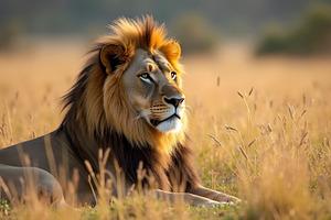Majestic Lion Resting On Grass In Sa, a Photo by LOGOCREATIVE