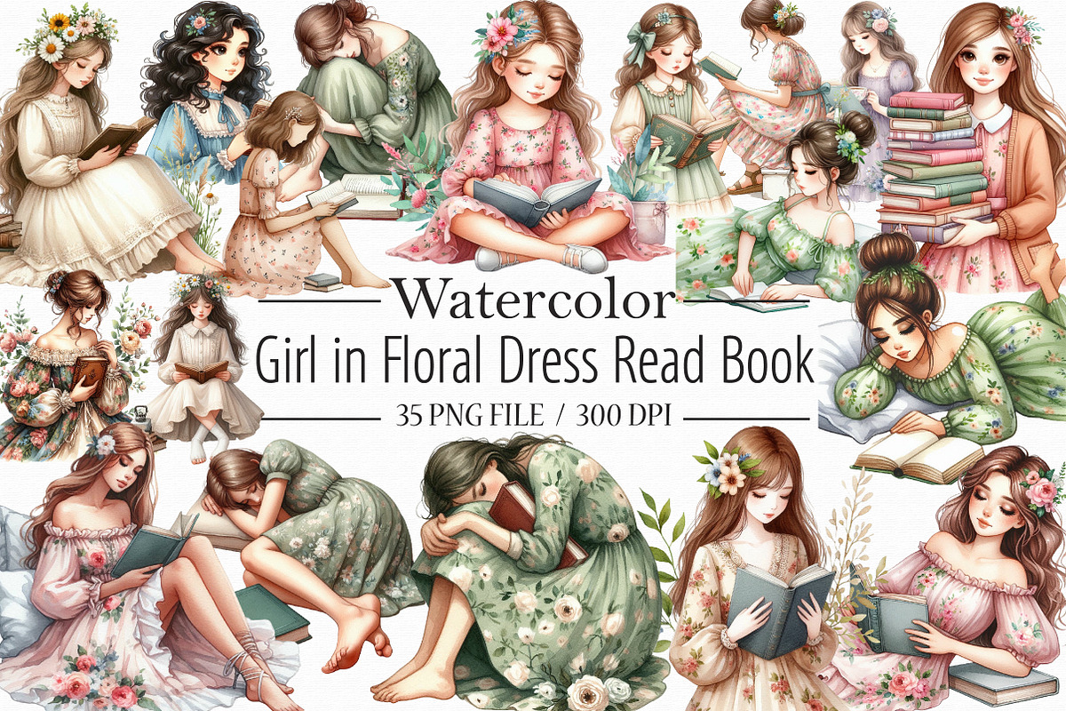 Girl in Floral Dress Read Book Clipa, an Illustration by Libby Wishes (Photo 1 of 7)