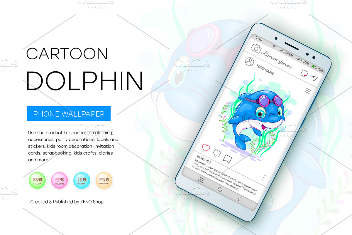 Cute cartoon dolphin, Tshirt, PNG., an Animal Illustration by KENO Mascots (Photo 4 of 6)