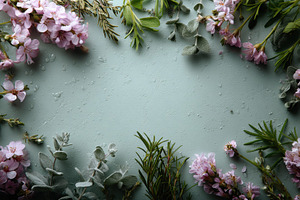 Pink flowers herbs green background, a Photo by Pixeness Studio