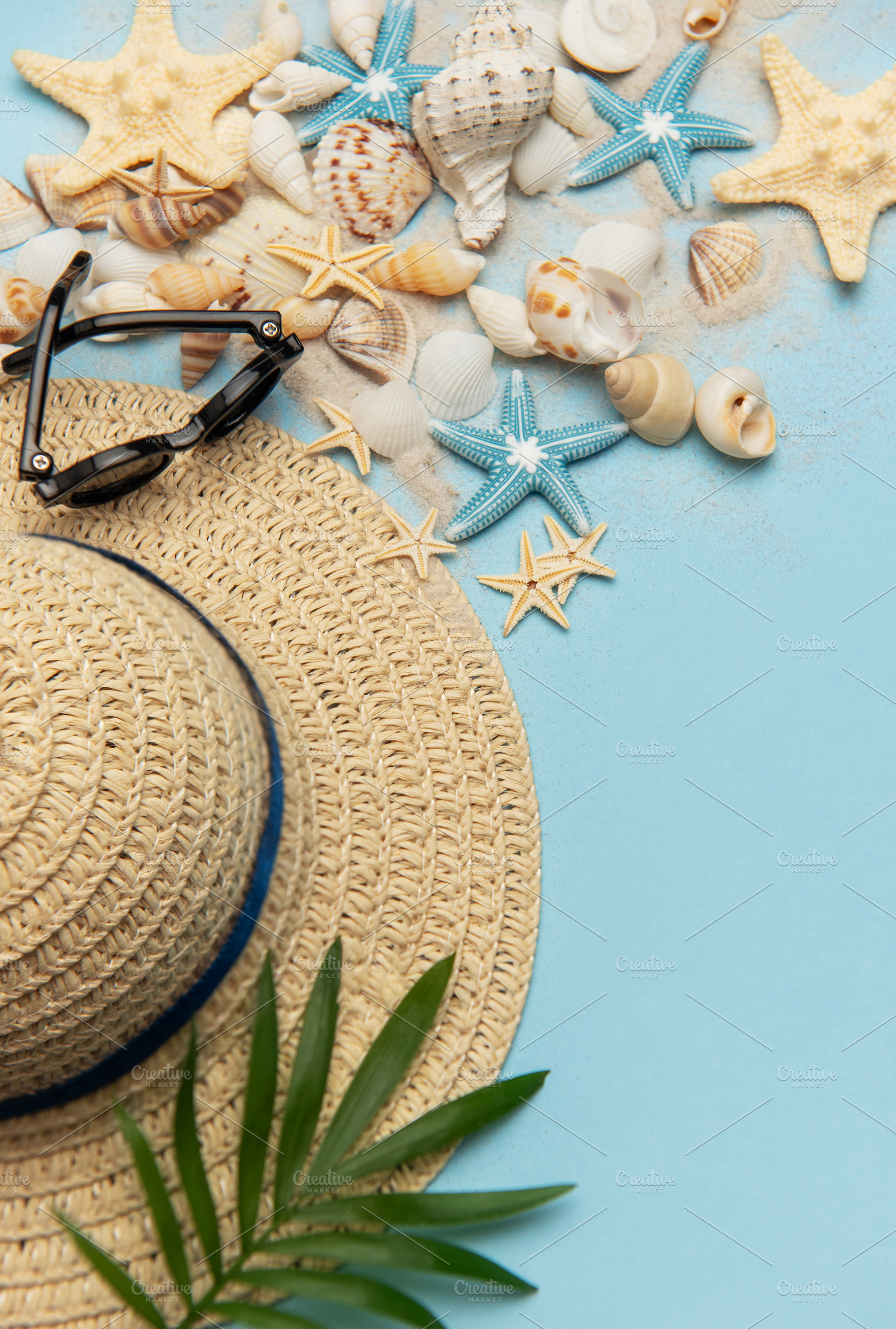 Summer holiday beach background with seashells, sunglasses and s, a Holiday Photo by Olena Rudo