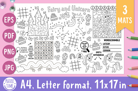 Fairy and Unicorn activity mats, an Education Illustration by Lexi Claus