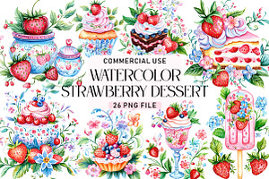 Strawberry Dessert Watercolor Clipar, a Seasonal Illustration by Daily.Designs