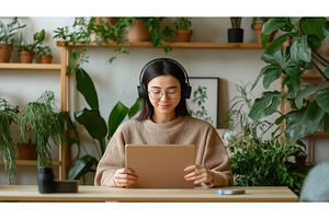 Asian woman wearing headphones using, a Technology Photo by Sergey Kotenev