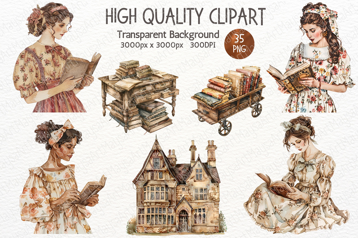 Watercolor Vintage Library Clipart, an Illustration by Maysa Art (Photo 2 of 6)