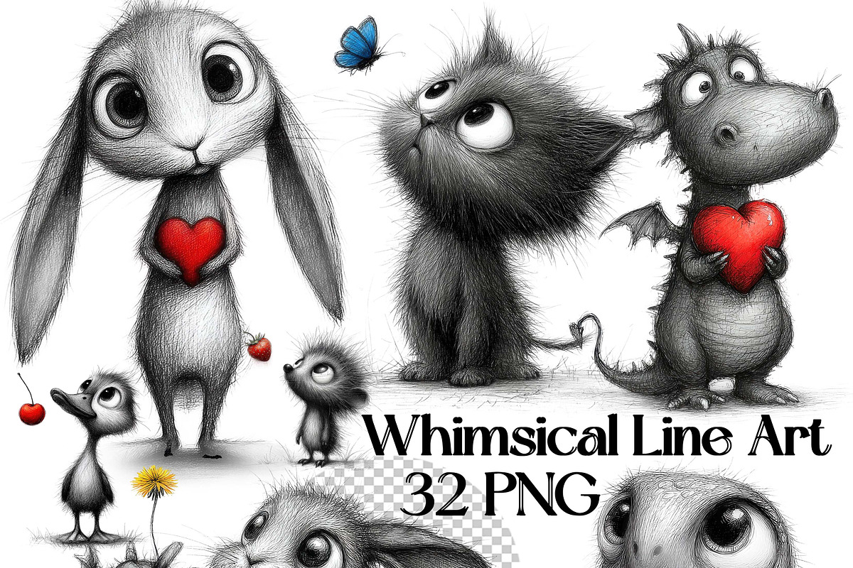 Whimsical Animal Valentine Line Art, an Illustration by one-touch (Photo 1 of 8)