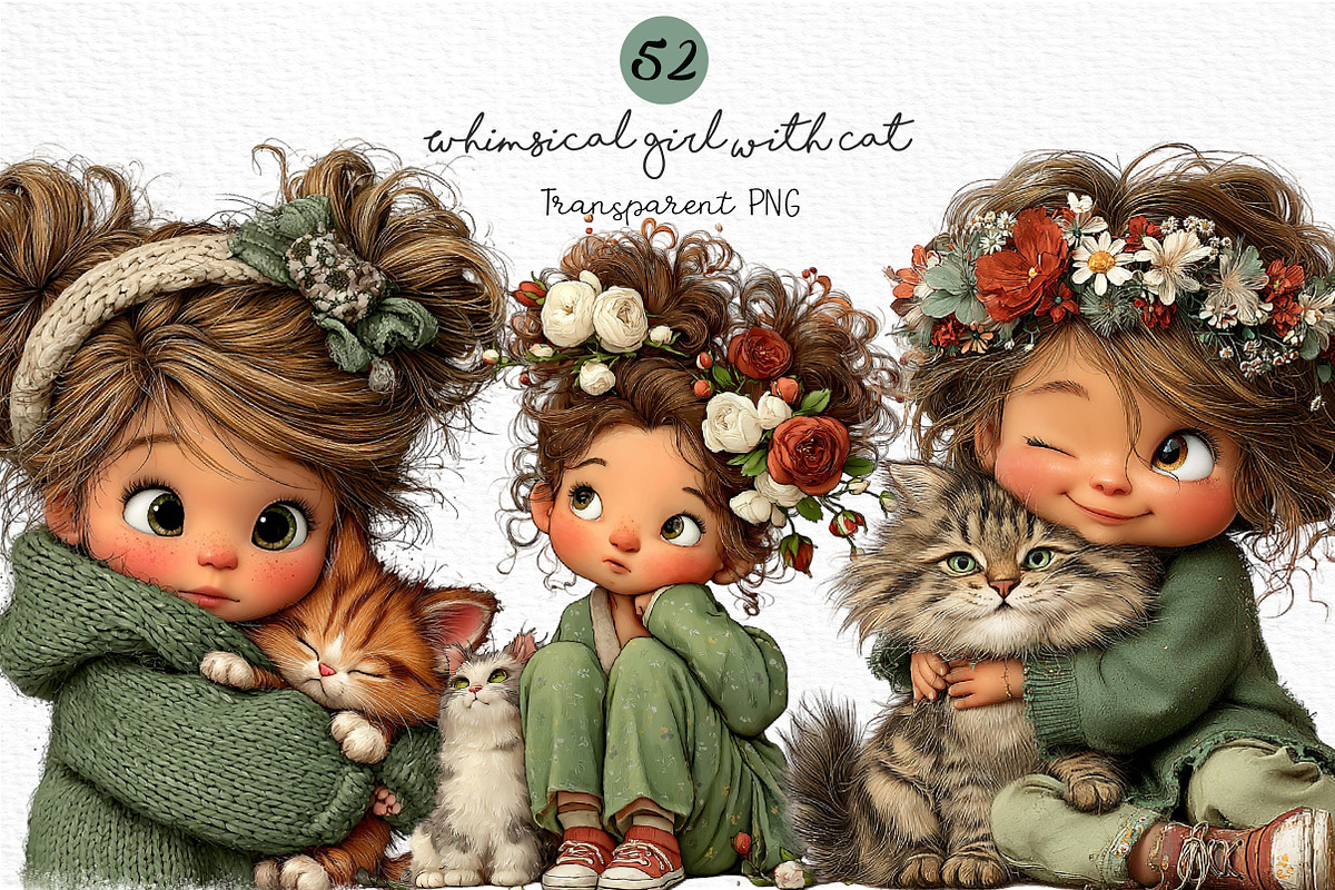 Whimsical Girl with Cat Clipart, a Seasonal Illustration by Craft Nest (Photo 1 of 6)