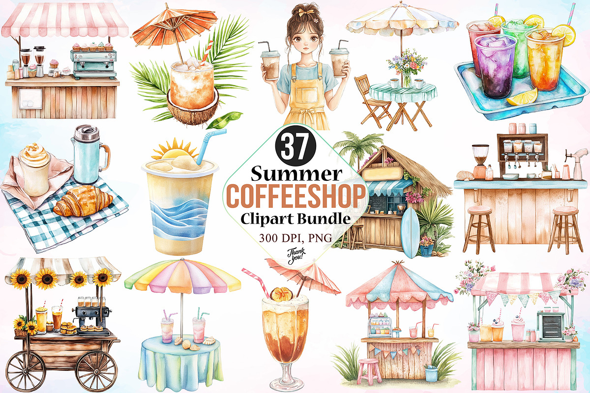 Summer Coffeeshop Clipart Bundle, a Seasonal Illustration by Canvas Craft (Photo 1 of 3)
