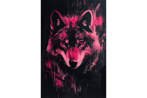 Pink Neon Wolf Art on Black Canvas, an Animal Illustration by Art Paradise Studios