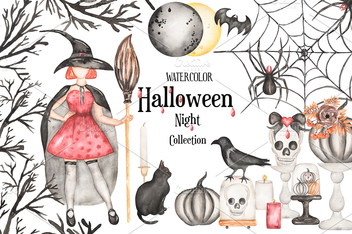 Watercolor Halloween Night, a Decorative Illustration by MayaNavits (Photo 1 of 9)