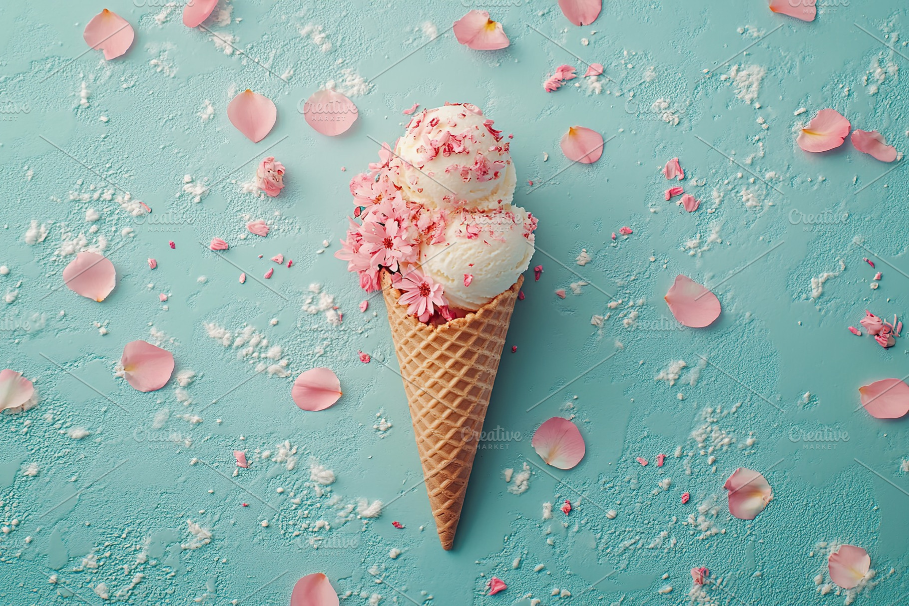 Waffle cone with ice cream and flowers petals on blue background, a Food & Drink Photo by AlyaAnd