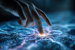 Fingertip Touching Glowing Digital N, a Photo by Pixeness Studio
