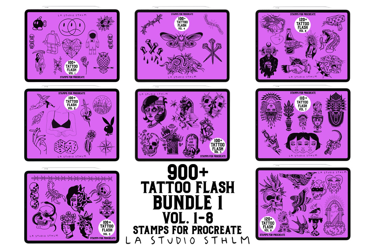 BUNDLE 1 - Tattoo Flash - Stamp Sets, a Brush Add-On by LA Studio Sthlm (Photo 1 of 17)