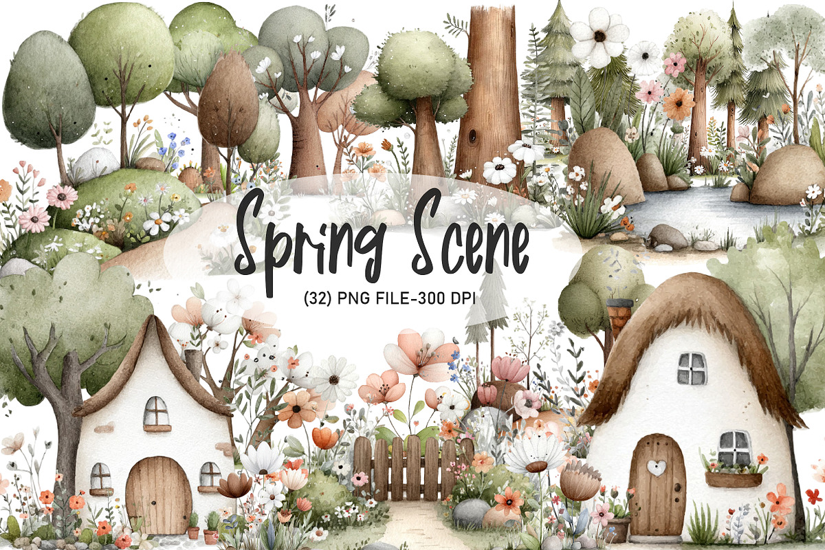 Watercolor Spring Scene Clipart, an Illustration by Designworld (Photo 1 of 6)