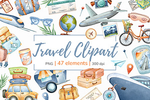 Watercolor Travel Clipart PNG Set