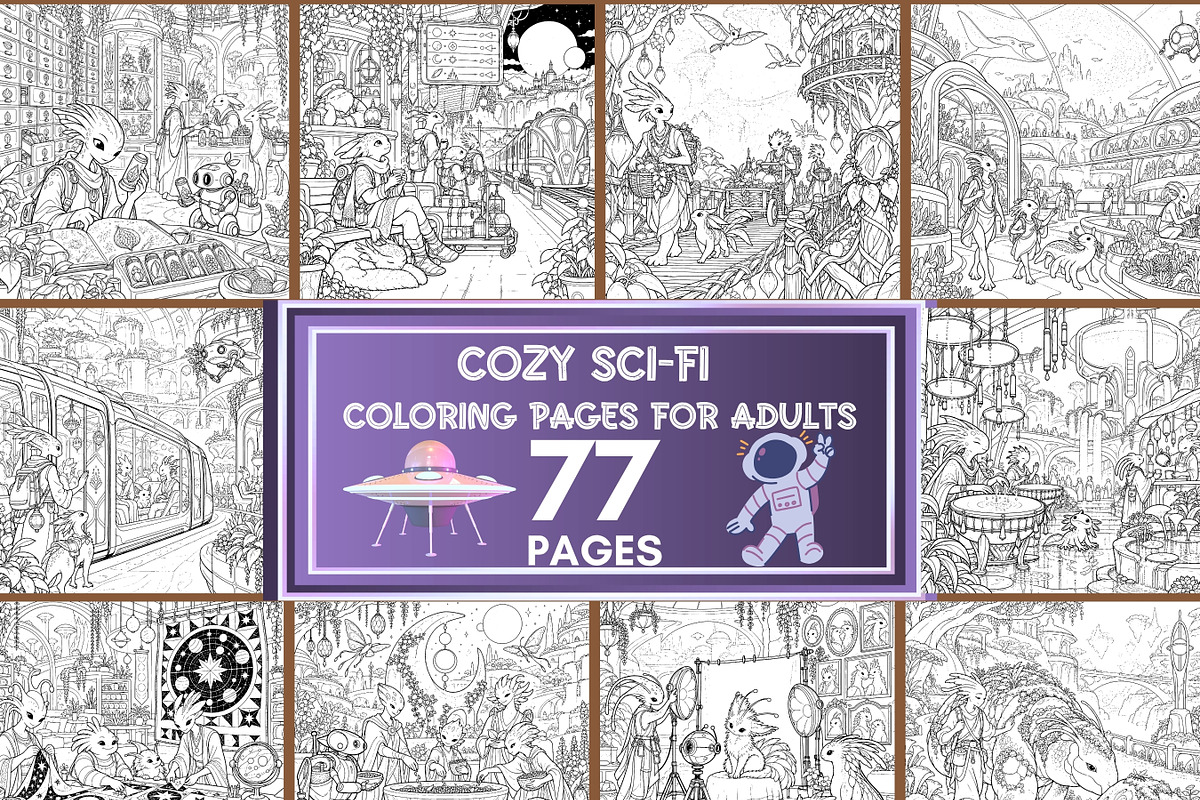 Cozy Sci-Fi Adult Coloring Pages, a Brochure Template by LA Design (Photo 1 of 10)