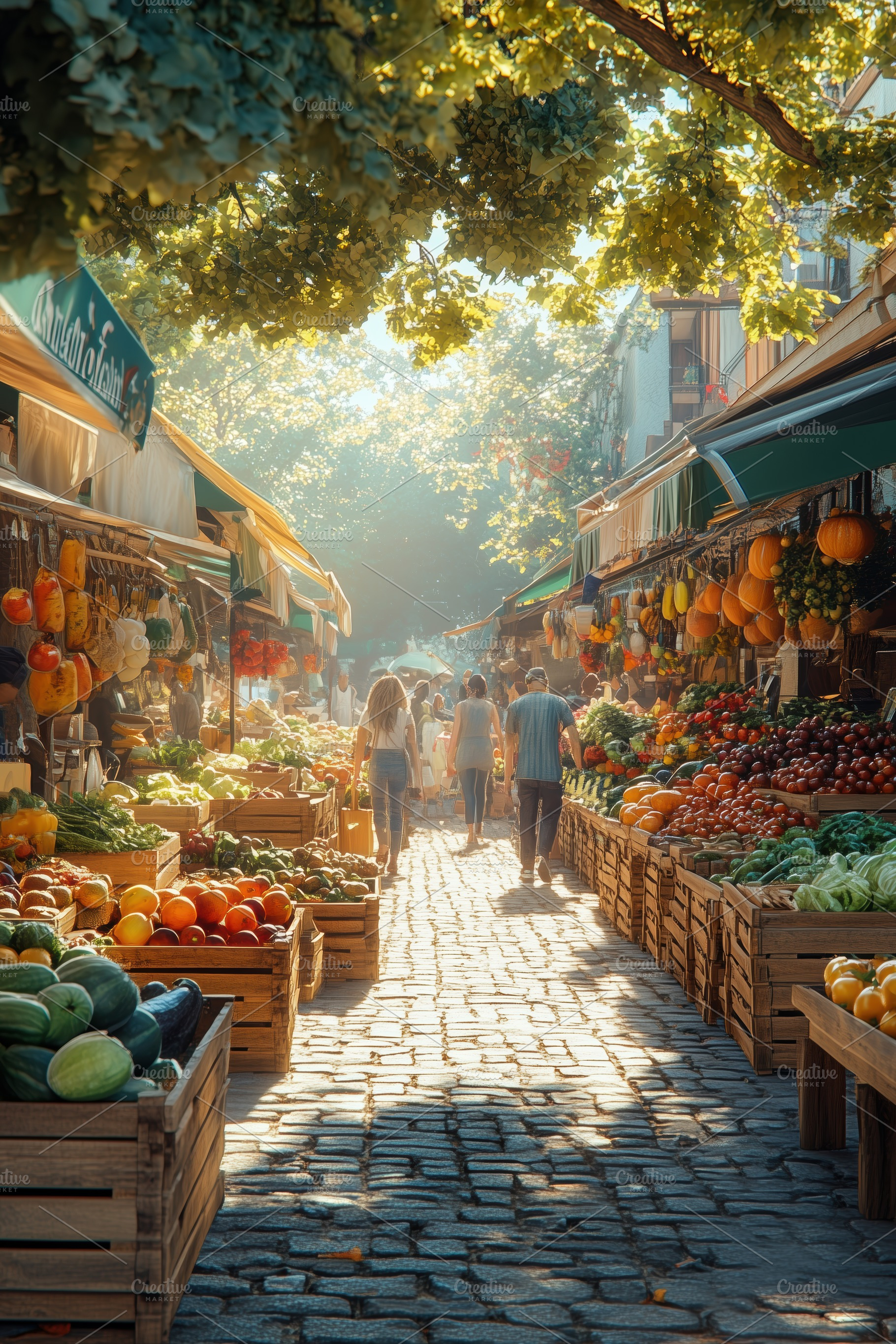 A vibrant outdoor market scene with stalls filled with fresh fruits and vegetab, a Technology Photo by Textures & Backgrounds