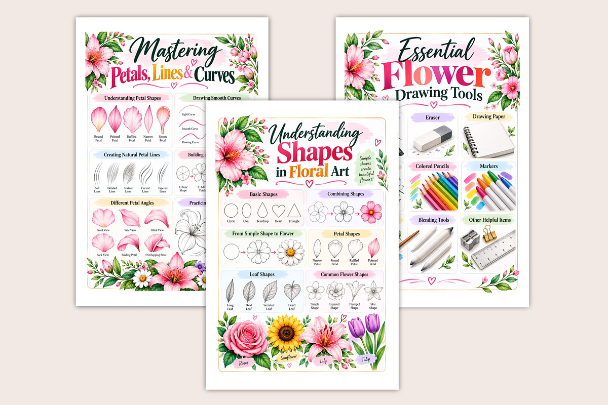 Modern Flower Drawing Guide, a Stationery Template by Designmela01 (Photo 3 of 5)
