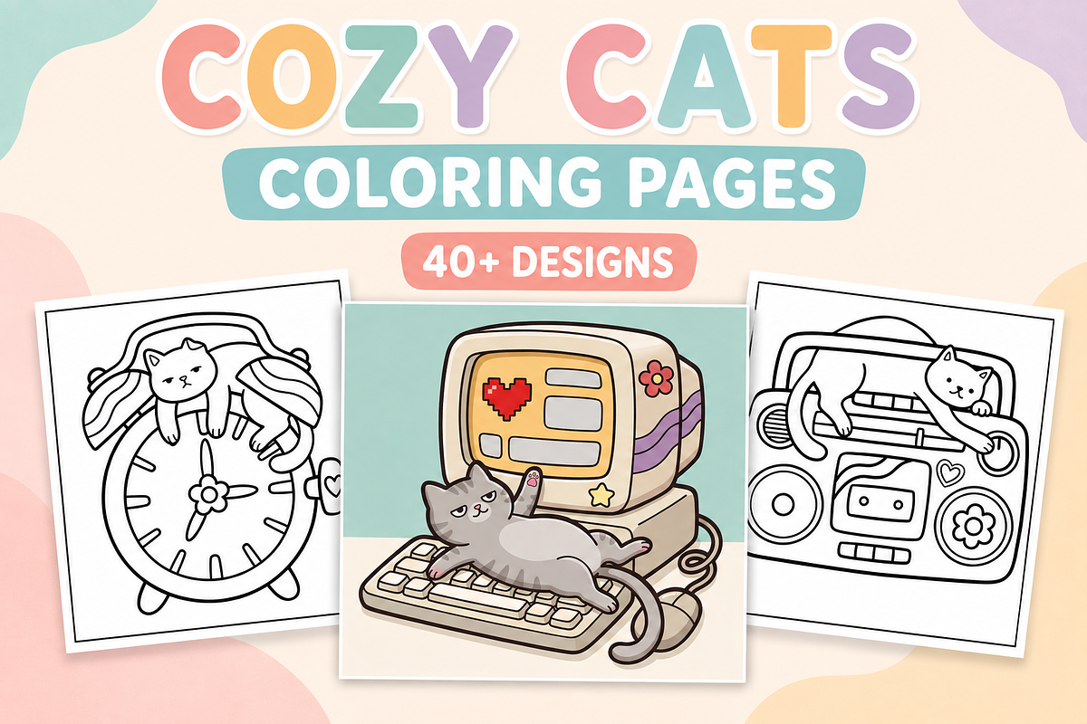 Cozy Cats Coloring Pages #2, an Animal Illustration by Inkivelle Studio (Photo 1 of 3)