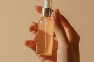 Holding a moisturizing spray to hydrate skin during a self-care routine at home, a Beauty & Fashion Photo by AlyaAnd