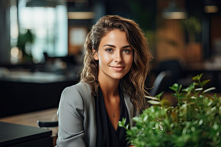 Smiling business girl in a modern op, a Photo by SaroStock