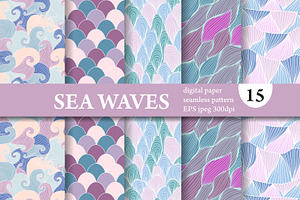 15 Sea Wave Seamless Patterns Set