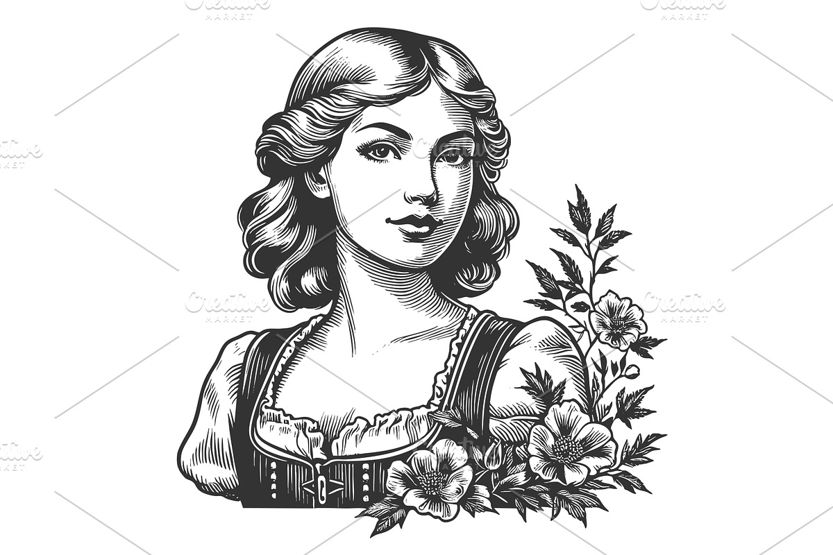 Traditional Austrian Woman in Floral, a Person Illustration by AlexArt