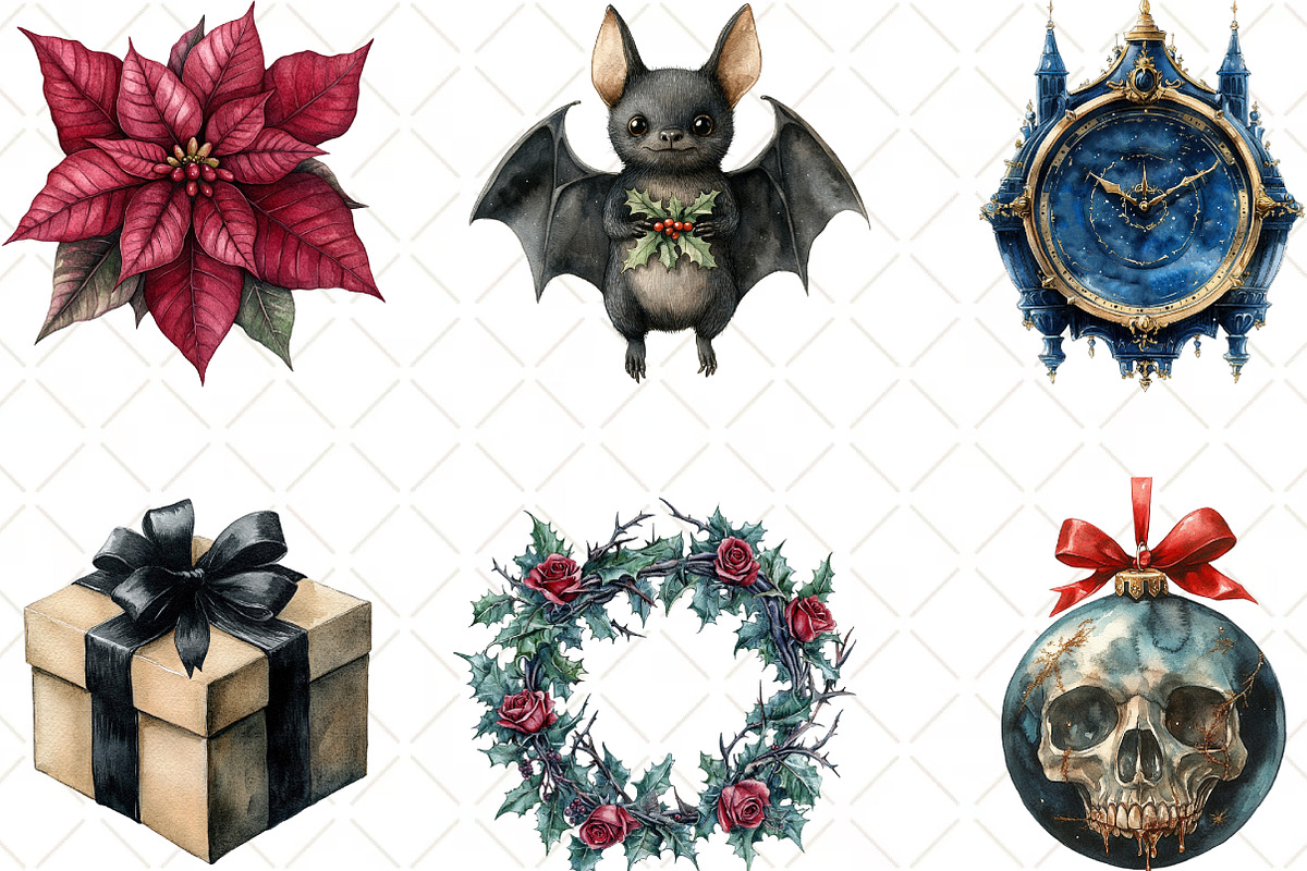 Watercolor Gothic Christmas Clipart, an Illustration by Black Bird Studio (Photo 4 of 6)