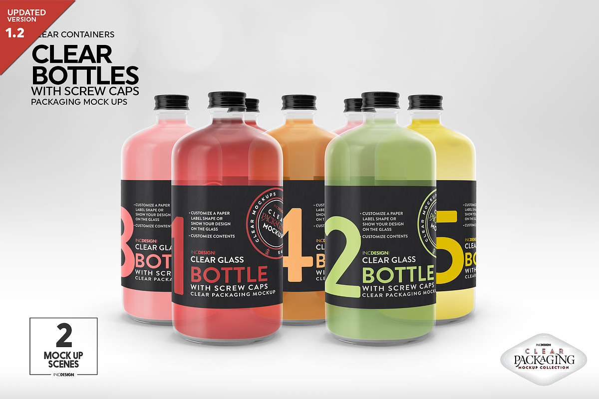 Clear Bottles with Screw Caps Mockup, a Packaging Mockup by INCDesign (Photo 1 of 10)