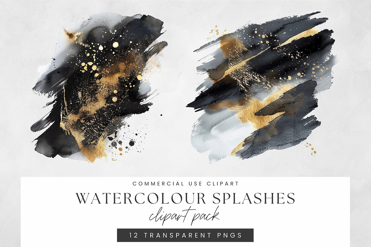 Black and Gold Watercolor Washes PNG, a Decorative Illustration by illuztrate (Photo 4 of 7)