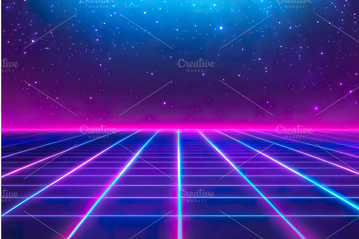 Retro futuristic neon grid landscape, an Illustration by Lermont51