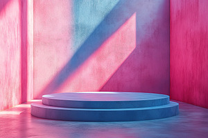 Empty summer podium set in a vibrant space with playful light effects, a Background Photo by AlyaAnd