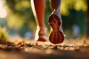 Person walking on a sunlit path in running shoes, a Sports & Recreation Photo by AlyaAnd
