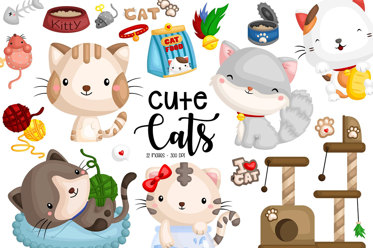 Cute Cats Clipart - Feline Animal, an Animal Illustration by Inkley Studio (Photo 1 of 2)