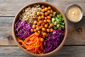 Vegan Buddha bowl with colorful vegetables and chickpeas on a rustic wooden tab, a Food & Drink Photo by AlyaAnd
